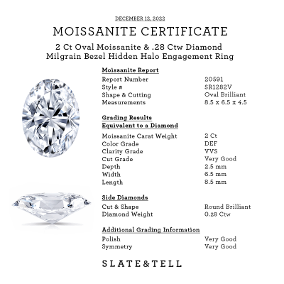 2 Ct Oval Moissanite & .28 Ctw Diamond Milgrain Bezel Hidden Halo Engagement Ring