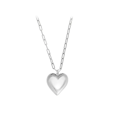 Sterling Silver Plated Large Puffy Heart Paperclip Necklace