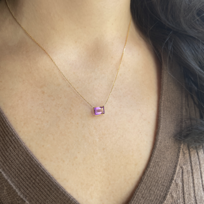 14K Gold Emerald Cut Amethyst Necklace