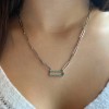 Silver Blue CZ Pavé Hexagon Pendant Paperclip Necklace