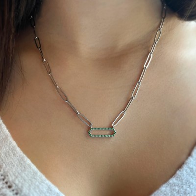 Silver Black CZ Pavé Hexagon Pendant Paperclip Necklace