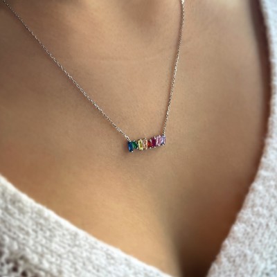 Silver Rainbow CZ Baguette Horizontal Bar Necklace