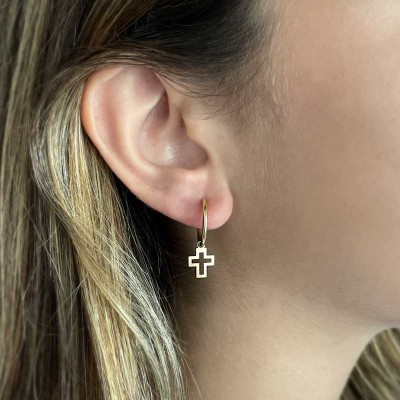 Gold Cross Dangle Hoop Earrings