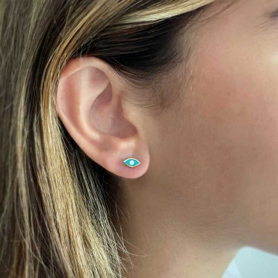 Gold Blue Enamel Evil Eye Stud Earrings