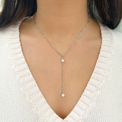 Silver & Pearl Paperclip Y Chain Necklace