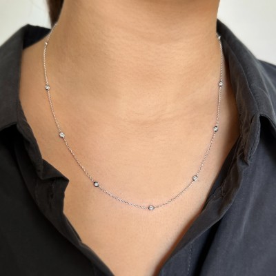 14K White Gold Diamond Bezel Station Necklace 1.0ct Diamonds