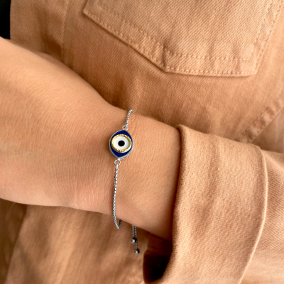 Silver Enamel Evil Eye Bolo Bracelet