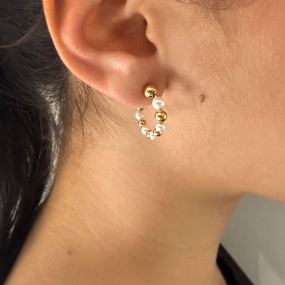 Gold Bead & Pearl Hoop Earrings