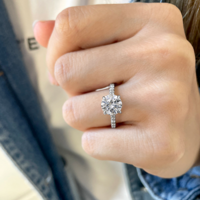 2 Ct Round Moissanite & .27 Ctw Surprise Diamond Pavé Cathedral Engagement Ring