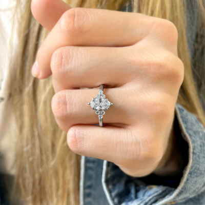 1 Ct Marquise Moissanite & .18 Ctw Round Diamonds Trio Cluster Engagement Ring