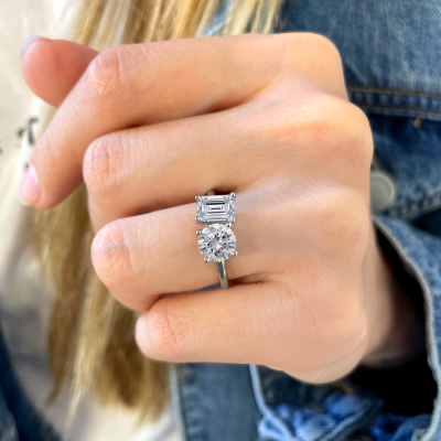 2 Ctw Emerald & Round Moissanite Two Stone Ring