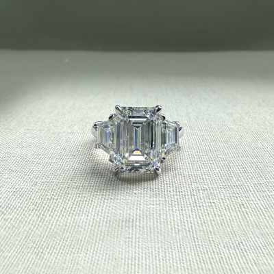 5 Ct Emerald Colorless Lab Diamond Trapezoid Three Stone Engagement Ring