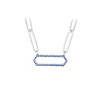Silver Blue CZ Pavé Hexagon Pendant Paperclip Necklace