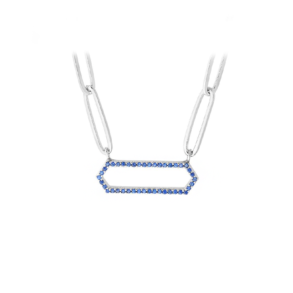 Silver Blue CZ Pavé Hexagon Pendant Paperclip Necklace