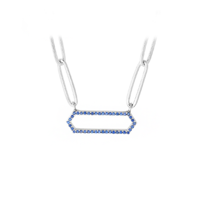 Silver Blue CZ Pavé Hexagon Pendant Paperclip Necklace