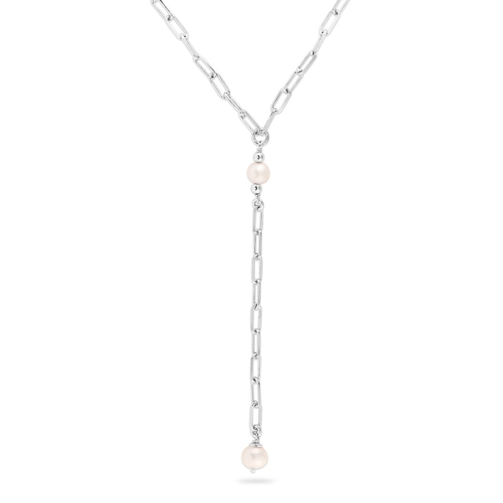 Silver & Pearl Paperclip Y Chain Necklace