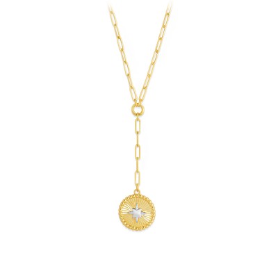 Two Tone Gold Star Medallion Paperclip Lariat Necklace