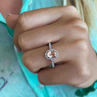 1 Ct Oval Morganite & .40 ctw Diamond Pavé Halo Engagement Ring