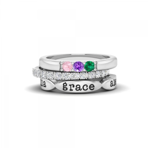 Mama of Three Birthstone Personalized Ring Stack