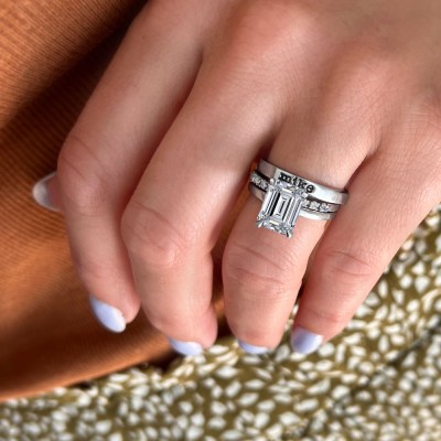 2 Ct Emerald Moissanite & 0.11 Ctw Diamond Secret Halo  Personalized Engagement Ring Stack