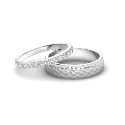 Lab Diamond Textured Hammer Finish Wedding Bands Couples Rings Set