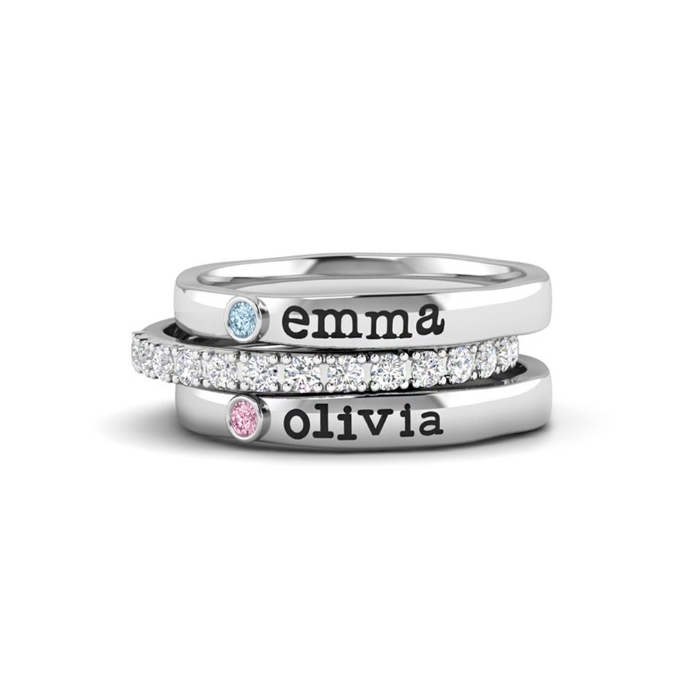 Name And Birthstone Rings Stack [Rose Gold Plated]