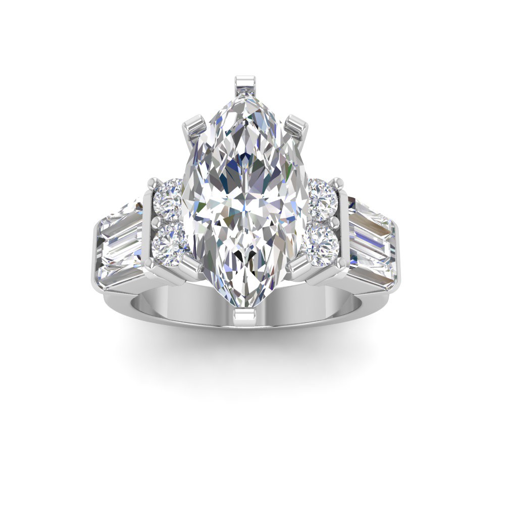 3 Ct Marquise Lab Diamond & 1.67 Ctw Lab Diamond Baguette Wide Band Engagement Ring
