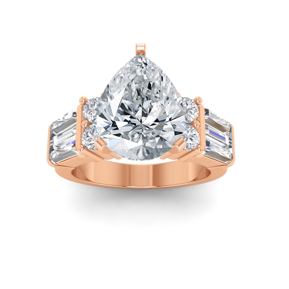 6 Ct Pear Moissanite & 1.67 Ctw Lab Diamond Baguette Wide Band Engagement Ring