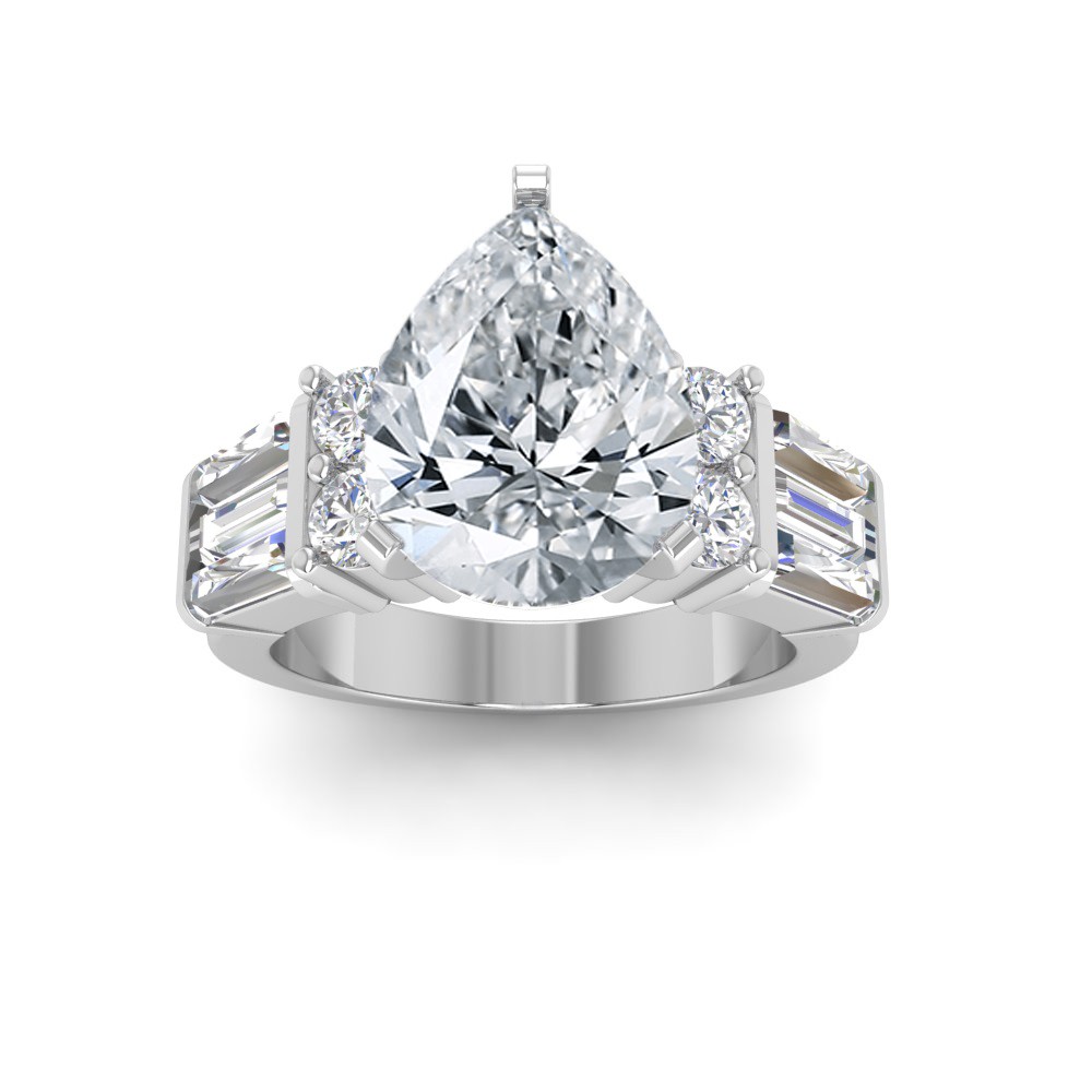 4 Ct Pear Premium Lab Diamond & 1.67 Ctw Lab Diamond Baguette Wide Band Engagement Ring