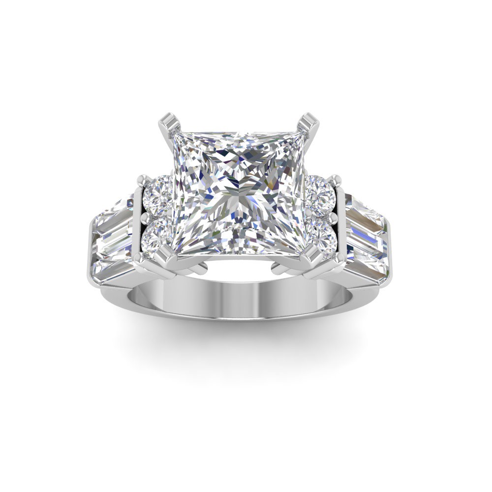 2 Ct Princess Premium Lab Diamond & 1.67 Ctw Lab Diamond Baguette Wide Band Engagement Ring