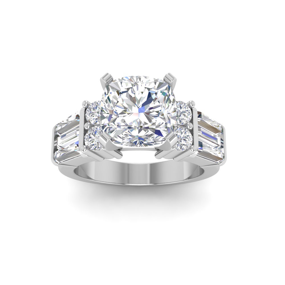 3 Ct Cushion Premium Lab Diamond & 1.67 Ctw Lab Diamond Baguette Wide Band Engagement Ring