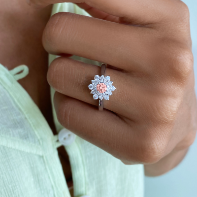 .25 Ct Round Morganite & .42 ctw Diamond Sunburst Halo Engagement Ring