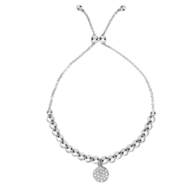 Silver Circle  CZ Charm Bead Bolo Bracelet