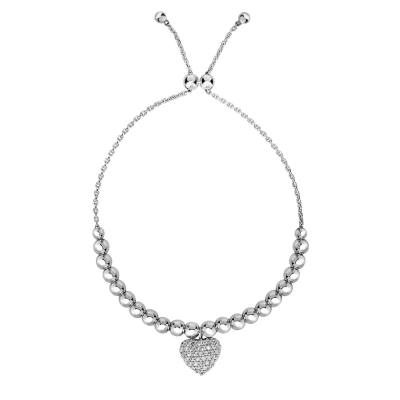 Silver Heart Charm Bead Bolo Bracelet