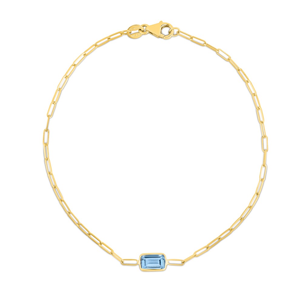 Gold Emerald Cut Blue Topaz Paperclip Bracelet