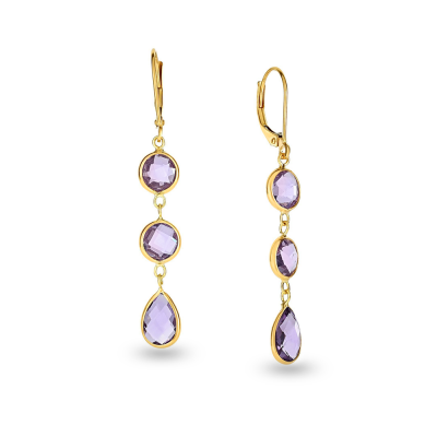 Gold Amethyst Triple Stone Drop Earrings