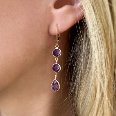 Gold Amethyst Triple Stone Drop Earrings