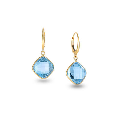 Gold Blue Topaz Cushion Drop Earrings