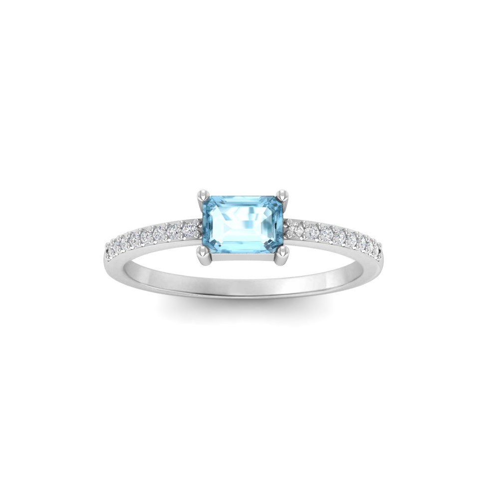East West .50 Ct Emerald Aquamarine Pavé Birthstone Ring