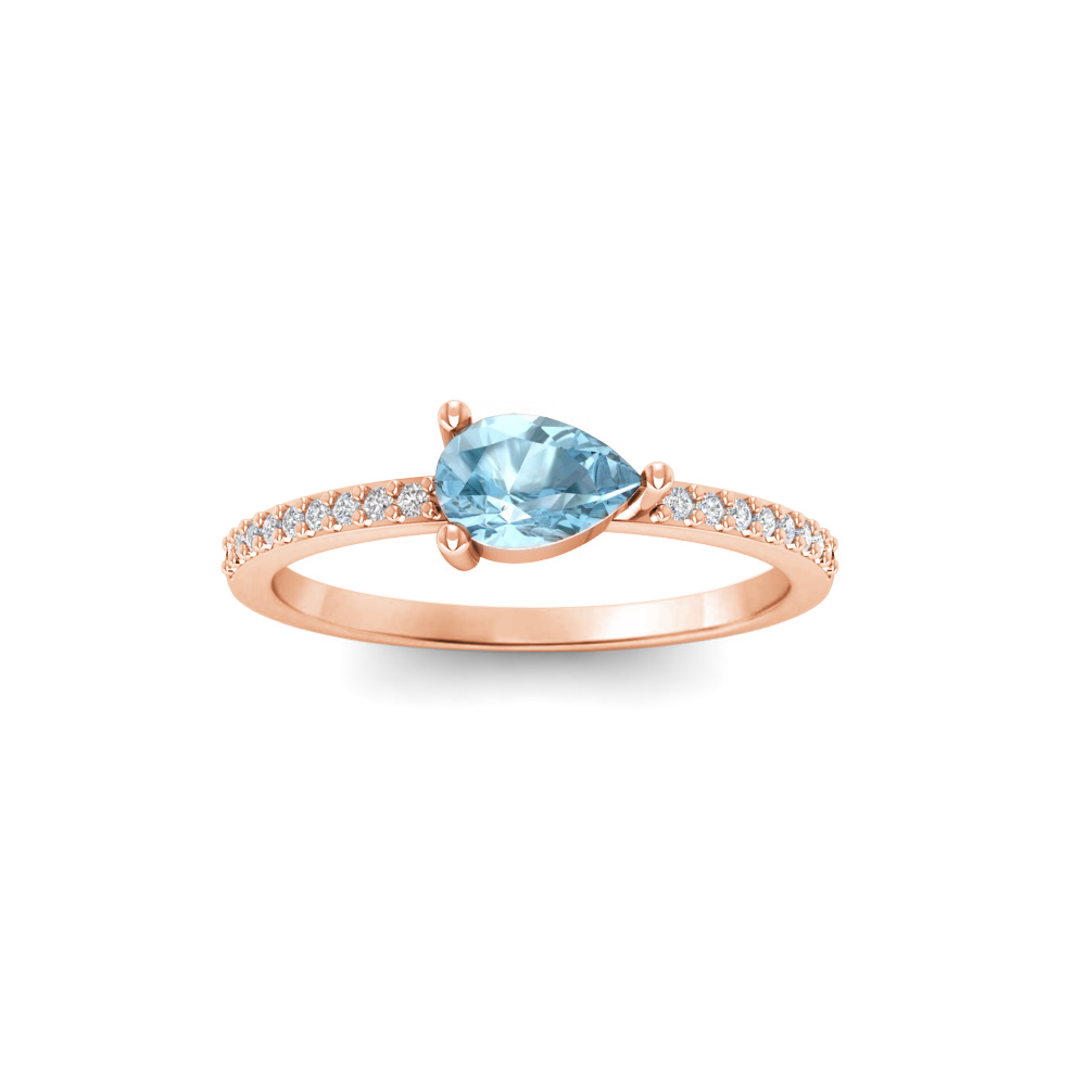 East West .50 Ct Pear Aquamarine Pavé Birthstone Ring