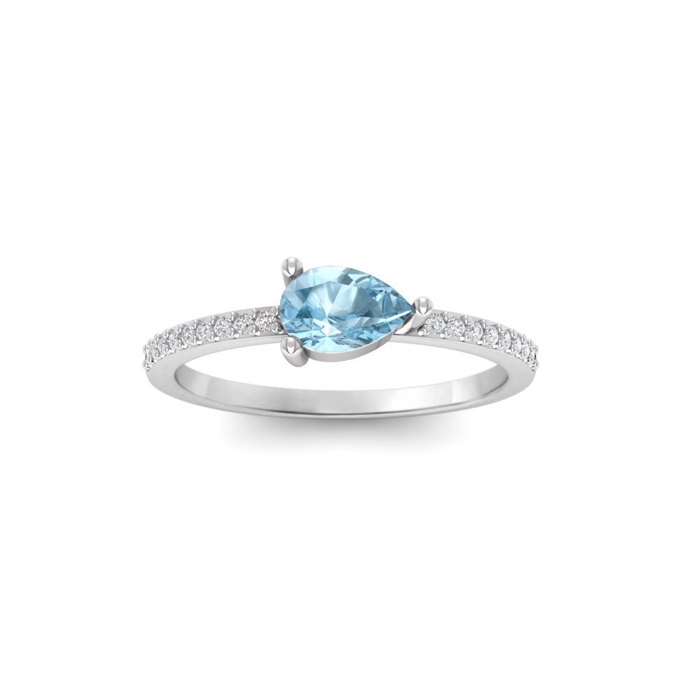 East West .50 Ct Pear Aquamarine Pavé Birthstone Ring