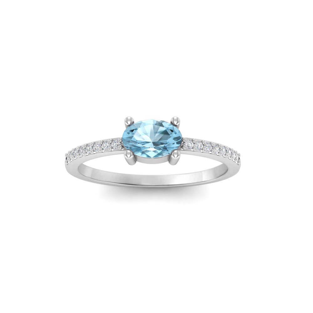 East West .50 Ct Oval Aquamarine Pavé Birthstone Ring