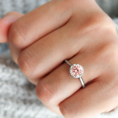.61 Ct Round Morganite & .14 Ctw Diamond Halo Engagement Ring