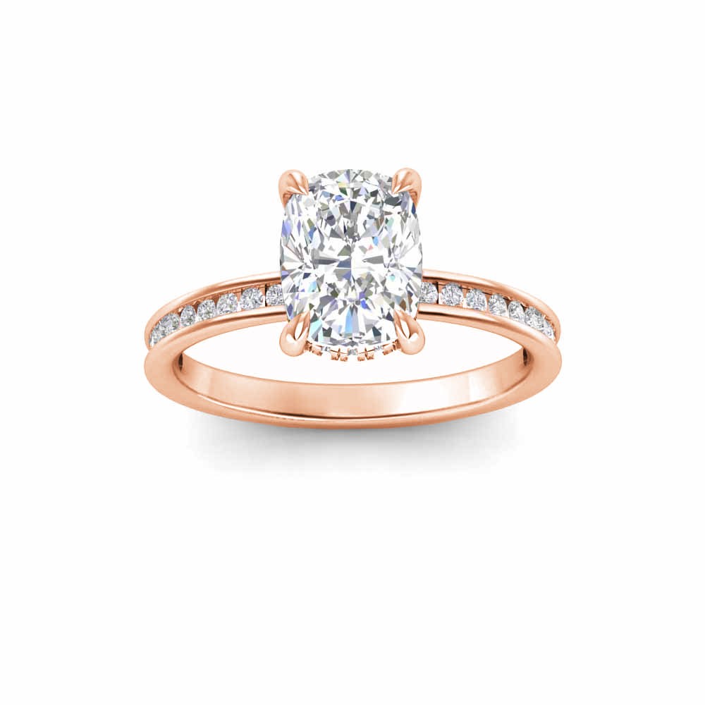 2 Ct Elongated Cushion Lab Diamond & .33 Ctw Diamond Surprise Channel Set Hidden Halo Engagement Ring