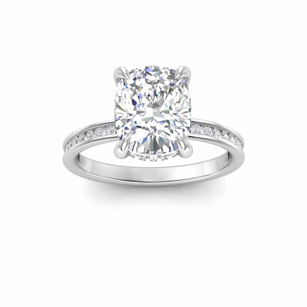 3 Ct Elongated Cushion Colorless Lab Diamond & .33 Ctw Surprise Channel Set Hidden Halo Engagement Ring