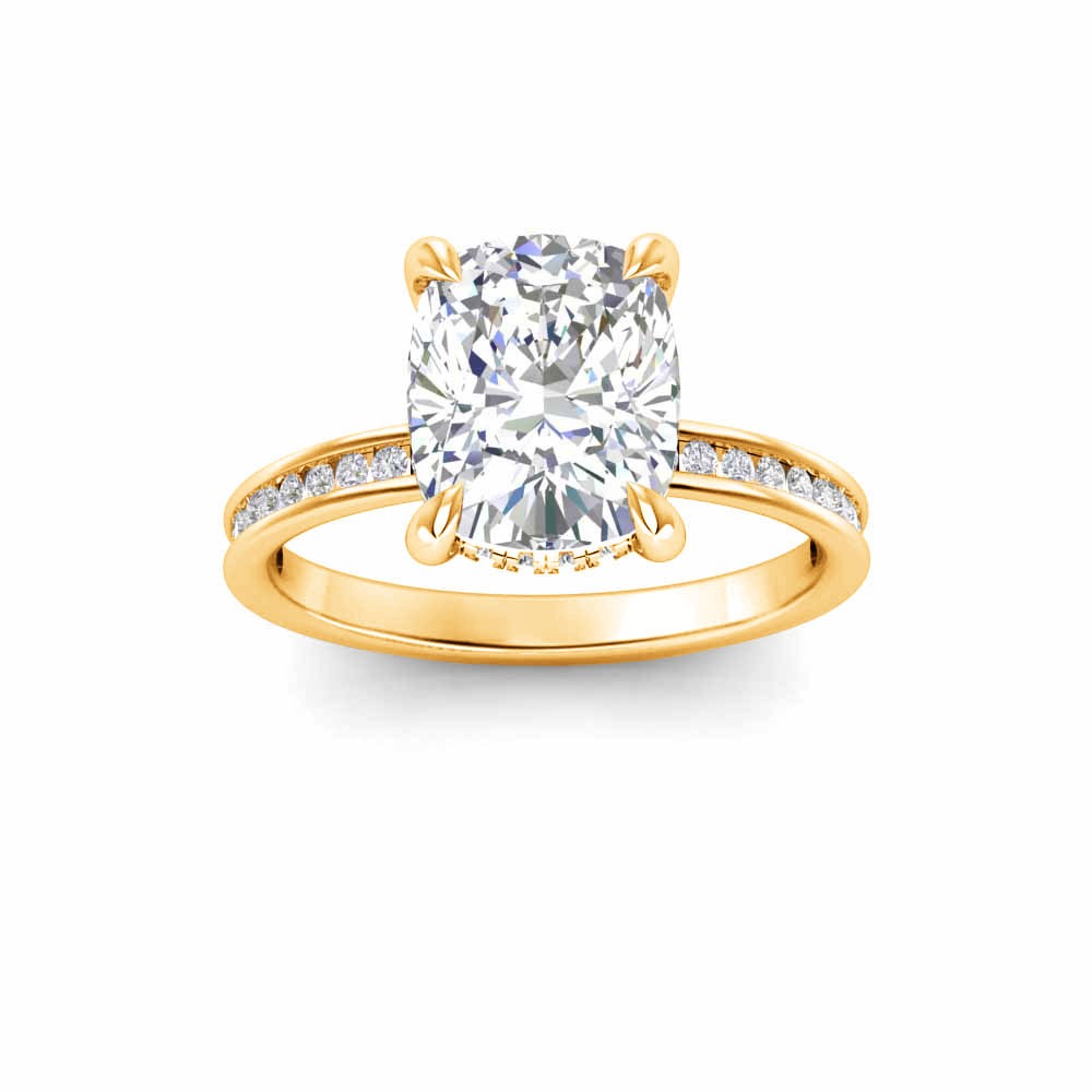 3 Ct Elongated Cushion Moissanite & 0.33 Ctw Diamond Surprise Channel Set Hidden Halo Engagement Ring