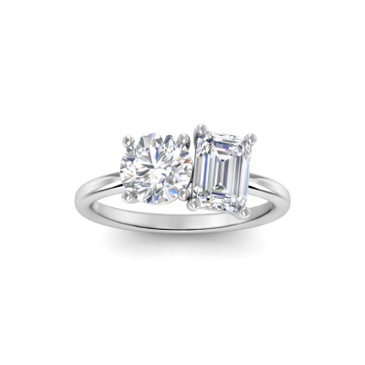 2 Ctw Emerald & Round Moissanite Two Stone Ring