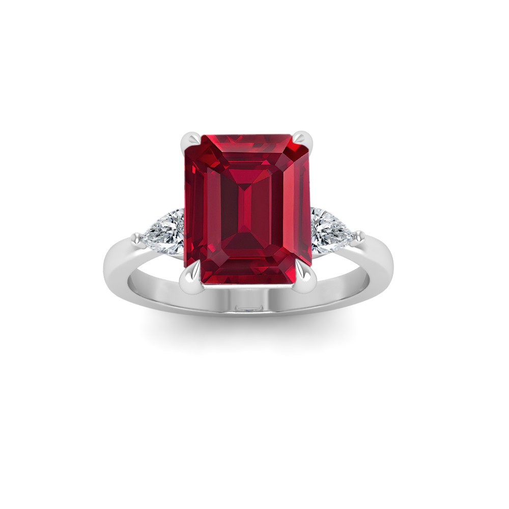 5 Ct Emerald Cut Ruby & Lab Diamond Three Stone Whisper Engagement Ring