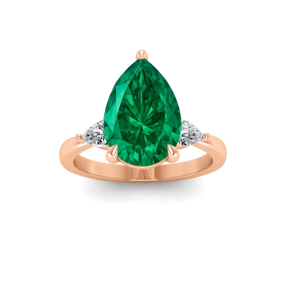 5 Ct Pear Emerald & Lab Diamond Three Stone Whisper Engagement Ring