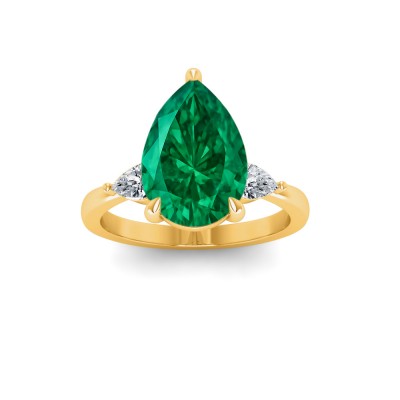 5 Ct Pear Emerald & Lab Diamond Three Stone Whisper Engagement Ring